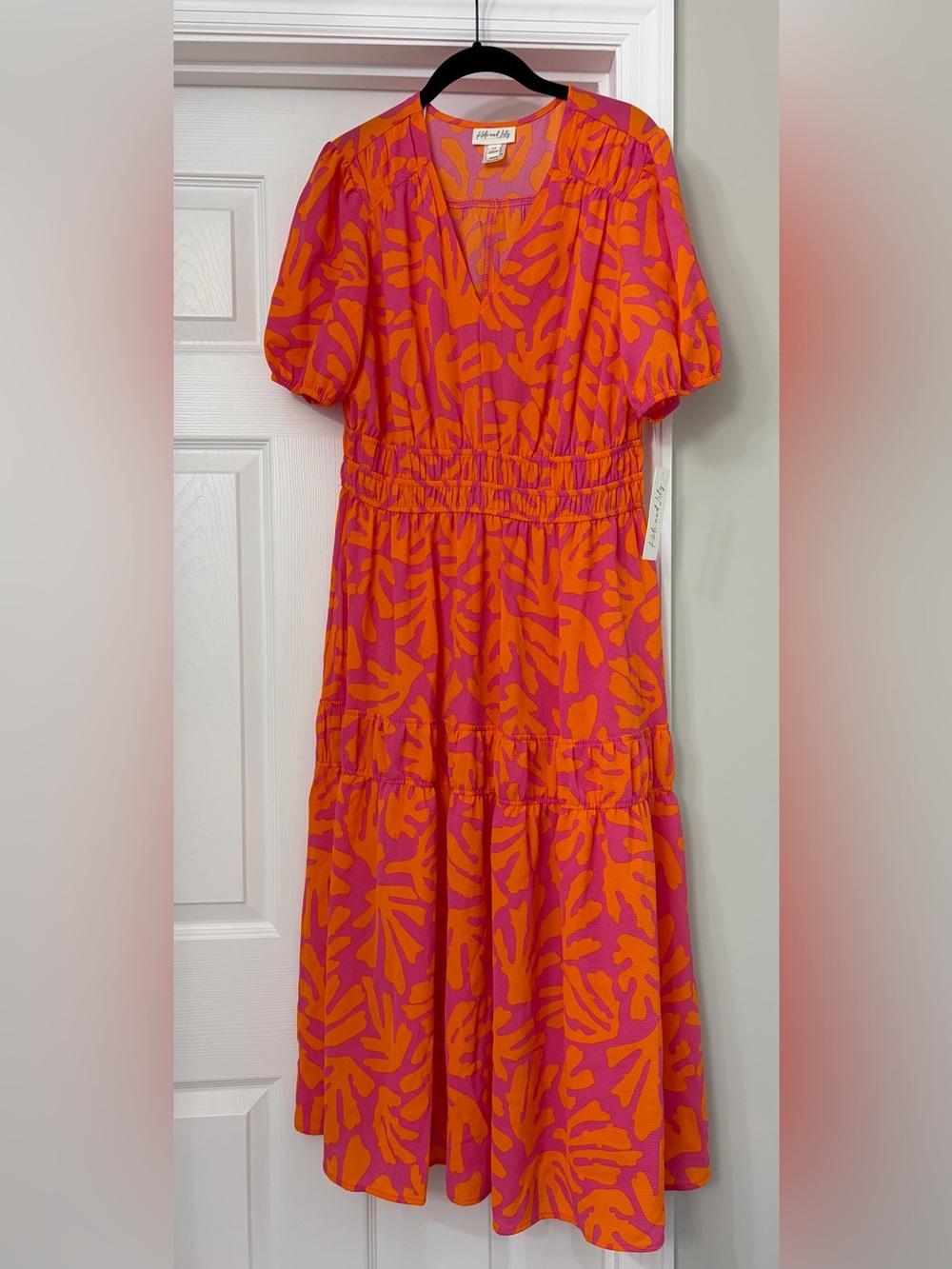 Women’s Bright Pink & Orange Tiered Dress with Elastic Waist